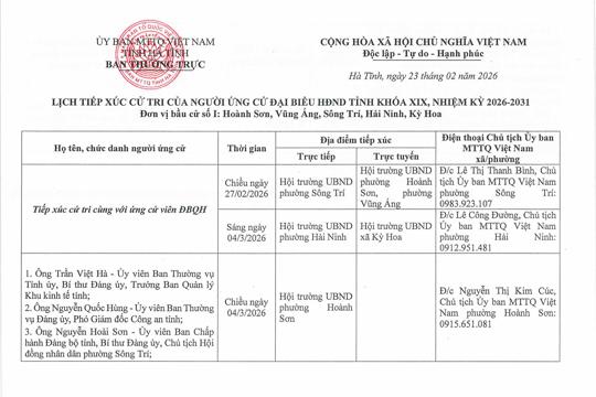 Lịch tiếp xúc cử tri của người ứng cử đại biểu HĐND tỉnh khóa XIX, nhiệm kỳ 2026–2031