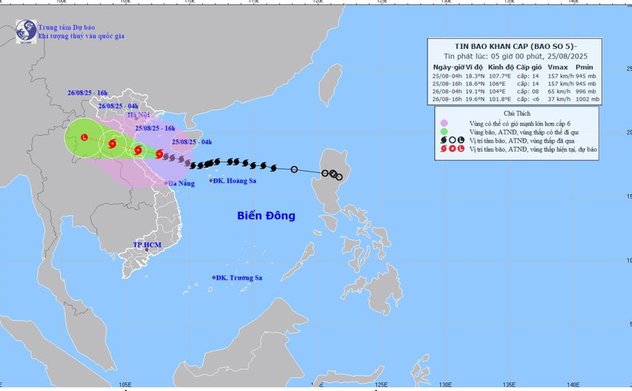 Bão số 5 giật cấp 17, cách Hà Tĩnh khoảng 145 km